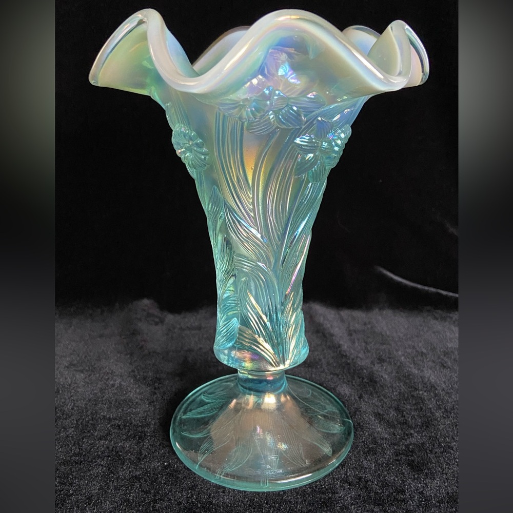 Fenton Carnival Glass Vase Daffodil Iridescent Aqua Blue Opaline w/Sticker